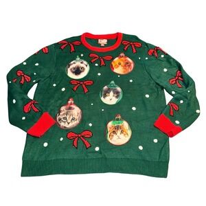 Ugly‎ Christmas Holiday Sweater 2XL Party Sweater Dec 25 Green Cat Ornament